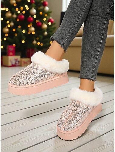  Γυναικείες ροζ χιονομπότες με παγιέτες και γιακά από ψεύτικη γούνα – μοντέρνα, λαμπερά χειμωνιάτικα μποτάκια για καθημερινή άνεση