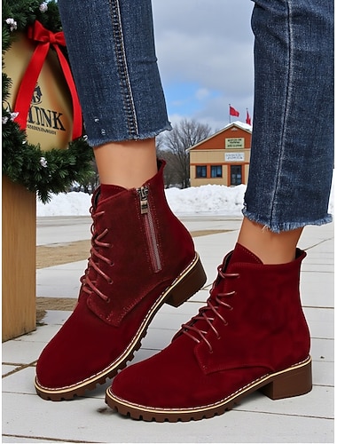  حذاء نسائي قصير من جلد الغزال الصناعي المريح بسحاب جانبي، حذاء برباط للارتداء في المناسبات غير الرسمية، ومناسبات الكريسماس والأنشطة الخارجية.