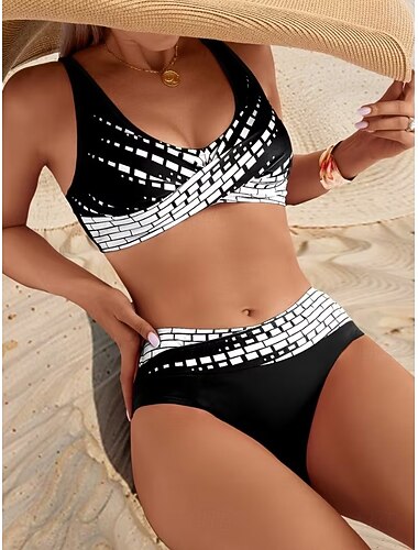  Dames Bikini 2-delige Zwempak Hoge Taille Mode Stijlvol Grafisch Gestreept V-hals Mouwloos Badpakken