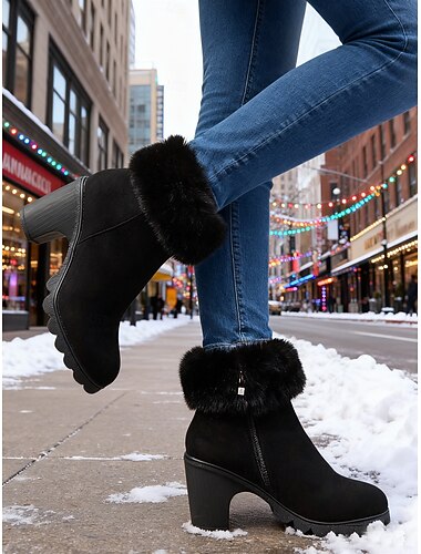  レディース ブラック フェイクスエード ファートリム アンクルブーツ - 暖かくてスタイリッシュ、冬、カジュアルなお出かけ、ホリデーシーズンに最適