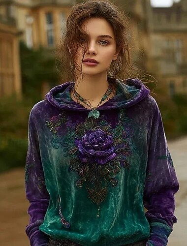  女性用 プルオーバー フーディー スウェットシャツ フラワー グラフィック タイダイ エレガント パンク ヴィンテージ 長袖 フード付き レギュラートップス 家 ストリート 日常着 ブルー イエロー ルビーレッド グリーン 春 秋 冬