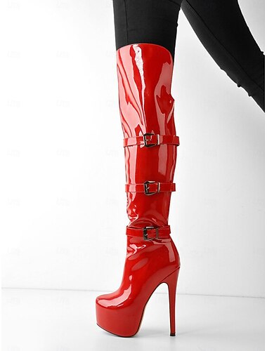  Rote Lack-Overknee-Plateaustiefel für Damen – ultrahohe Stiletto-Absätze mit Schnallenriemen, perfekt für Partys am Abend &Clubkleidung