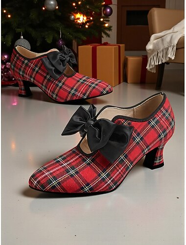  Damskie czółenka w czerwoną kratę z czarną satynową kokardą – styl vintage z lat 20. XX wieku, idealne na przyjęcia świąteczne, spotkania w stylu retro i na co dzień