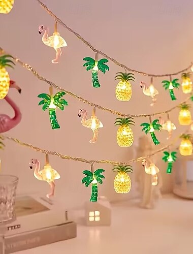  Luci a LED tropicali con motivo a ananas, fenicotteri e palme, luci fatate alimentate a batteria AA per decorazioni per la stanza, illuminazione festiva multicolore, ideale per creare un'atmosfera a
