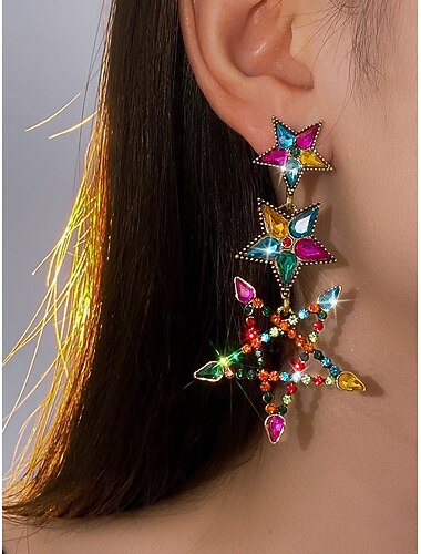  עגילי טיפה צבעוניים עם אבני חן בצורת כוכבים לנשים - עגילים נועזים למסיבות, יציאה לילית &חגיגות חגיגיות