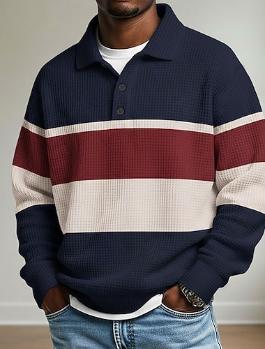  Муж. Горизонтальные полосы Рубашки-поло из вафельной ткани Регби-поло Длинный рукав Футболки поло Рубашки с воротником На каждый день Одежда для спорта и отдыха На каждый день Пуговицы