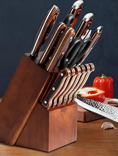  veitsisetti15-osainen keittiöveitsisetti puupalallahiiliteräksinen japanilainen ruostumattomasta teräksestä valmistettu veitsisettiultraterävä full-tang-muotoiluepäsäännöllinen vasarakuviopuinen