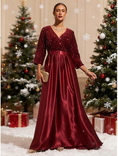  Женское рождественское платье макси, платье-трапеция, бархатное платье с пайетками, атласное, блестящее, облегающее платье с расклешенной юбкой, элегантное, вечернее, однотонное, с рукавами 3/4, с
