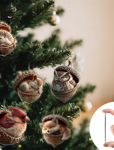  6/12 pezzi di ornamenti acrilici 2D a forma di ghianda di animali della foresta, accoglienti ornamenti natalizi della foresta, decorazione a forma di pigna, ornamento da appendere a forma di creatura