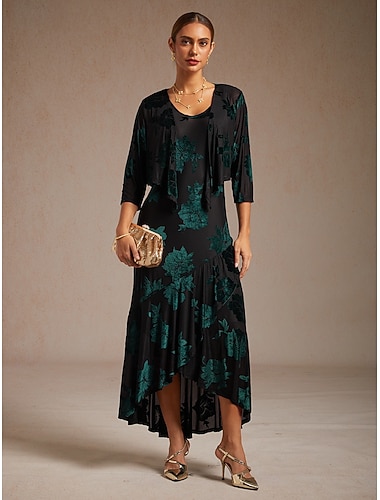  Maxikleid für Damen, Etuikleid aus Samt mit Blumenmuster, asymmetrisch, elegant, für Hochzeitsgäste, Dates, ärmellos, Rundhalsausschnitt, grün, für Sommer, Frühling, Herbst und Winter