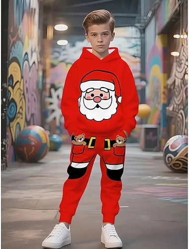  Navidad Chico 3D Graphic Papá Noel Raya Conjuntos navideños regalo de Navidad Conjunto de sudadera con capucha y pantalones deportivos Manga Larga Primavera Otoño Diario Básico Casual Niños 4-12 años