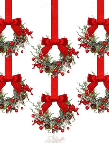  Conjunto de 6 mini guirlandas de Natal de 15 cm para armários, guirlandas pequenas para armários de cozinha, janelas e portas, decoração natalina em estilo fazenda, anéis para velas e lareiras.