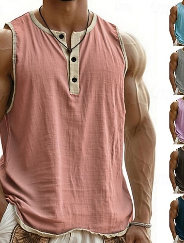  Herr Linne Undertröjor Ärmlös tröja Ärmlös Henley Sommar Slät Mode Designer Grundläggande Knappar Semester Gata Utekväll Svart Rodnande Rosa Marinblå Topp t-shirt för män