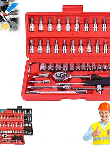  Jeu de clés à cliquet sans fil et fines, jeu de clés à cliquet à douille 1/4 pouce, kit de 46 pièces, trousse à outils de mécanicien portable avec poignée ergonomique, coffret compact pour les