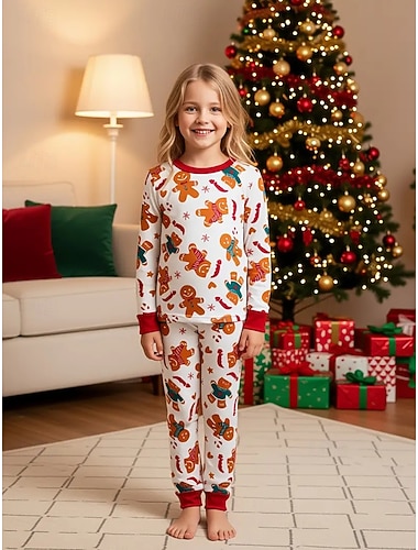  Navidad Chica 3D Graphic Los hombres de pan de jengibre Pijamas de Navidad regalo de Navidad Conjuntos de pijamas Manga Larga Impresión 3D Otoño Invierno Activo Básico Niños 4 años + Cuello Barco