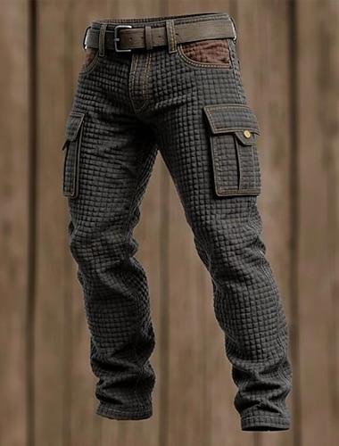  Herren Waffel Cargo-Hosen Hose Freizeithose Patchwork Tasche Gerader Schnitt Einfach Komfort Weich Volle Länge Lässig Täglich Outdoor Urlaub Mode Schwarz Grün Mikroelastisch