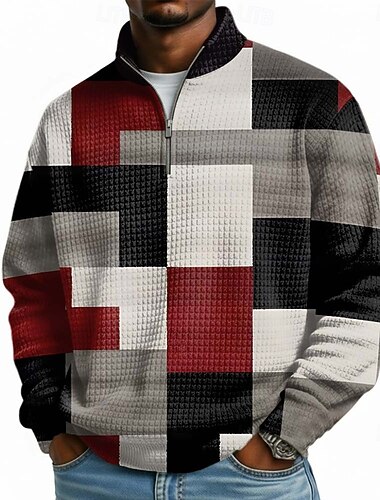  Herren Geometrisch Karomuster Pullover Mode Täglich Klassisch Lässig Stehkragen Viertelreißverschluss Outdoor Heim Büro Arbeit Blau Meerblau Rote Grau Reißverschluss Herbst Winter Designer S M L XL