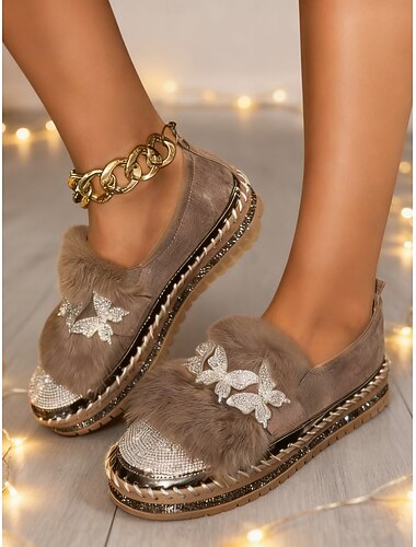 レディースフェイクファーラインストーンバタフライローファー - ナイトライフパーティーやクラブの装いにぴったりのキラキラ輝くスリッポンフラット &冬の華やかなスタイル