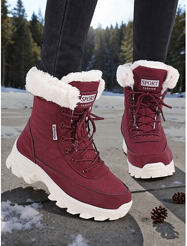  stivali invernali da donna con suola spessa color bordeaux – stivaletti stringati caldi foderati in pelliccia per abbigliamento casual da strada, viaggi e passeggiate