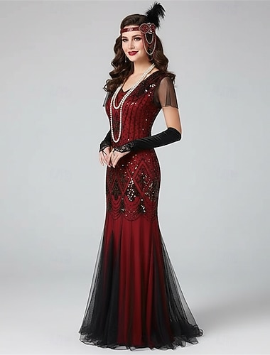  Sett De livlige 20-årene 1920-tallet Ankellengde Kjoler Aftenkjole Drakter med tilbehør Korte ermer Den store Gatsby Store størrelser Bryllupsgjest Dusk Dusk V-hals Kostyme Dame Karneval Maskerade