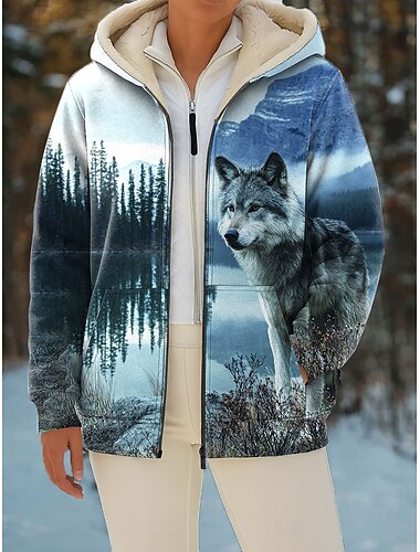  女性用 冬物コート 保温 ジッパー ポケット プリント ファッション カジュアル 動物 ストリート カジュアル レギュラー フード付き レギュラー 長袖 アウターウェア ブルー ホワイト イエロー 春 秋