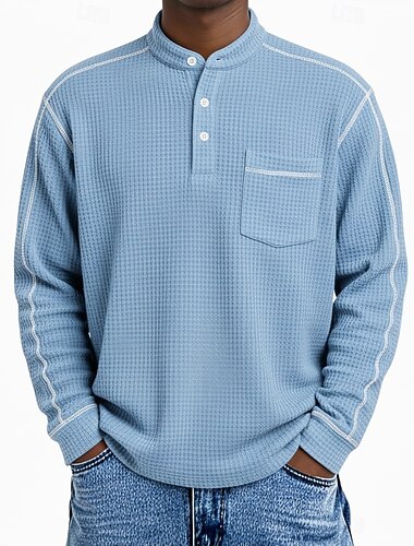  Herren Waffel T-Shirt T Shirt Waffel-Henley-Hemd Langarm Henley Ganzjahres Einfarbig Lässig Taschen Outdoor Heim Sport & Outdoor Hellblau Hellgrün Rote Top T-Shirt für Herren