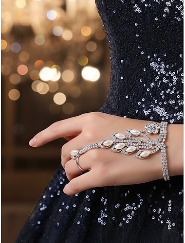  Damska bransoletka z perłowym liściem i kryształkami na łańcuszku - elegancka biżuteria na wieczorne, weselne i formalne okazje