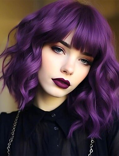  Lila gewellte Perücken mit Pony, kurze Bob-Perücken mit Wellen für Damen, lockige synthetische Cosplay-Perücke für Mädchen, farbenfrohe Perücke für Karneval und Partys