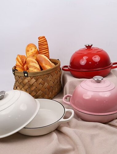  Multifunktionell emaljgryta i gjutjärn med lock, emaljgryta, används för att baka surdegsbröd i brödugnar, brödbakningstillbehör, viktig för hembakat bröd, lätt att rengöra non-stick-gryta, vacker