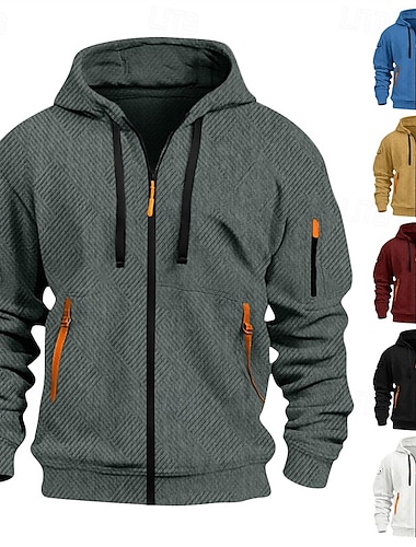  رجالي هوديي هودي بسحاب كامل زمم هودي أسود أبيض نبيذ أزرق البحرية كاكي مع قبعة سهل خملة الجاكوارد رباط جيب الرياضة & في الخارج مناسب للبس اليومي مناسب للعطلات بوليستر أناقة الشارع أساسي كاجوال