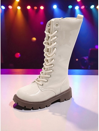  Botas infantiles de charol blanco con cordones y adorno de tortuga, inspiradas en los ídolos coreanos. &Detalles de perlas para un atuendo de fiesta de Año Nuevo