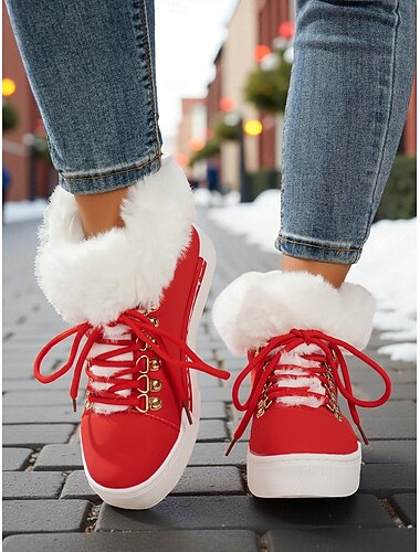  Røde sneakers i fuskepels til dame – varme vintersko med snøring og myk fôr, julesko for utendørs og gatestil