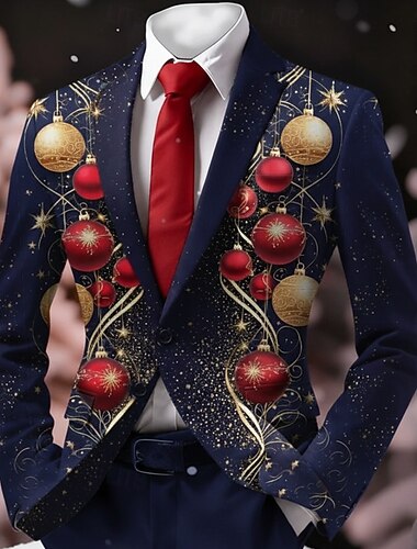  Natale Per uomo Grafico Giacca blazer Cappotto Confortevole Traspirante Artistico Casual Abbigliamento da sera Quotidiano Festival Stampa 3D Bottoni Autunno & Inverno Dentellato Manica Lunga Blu