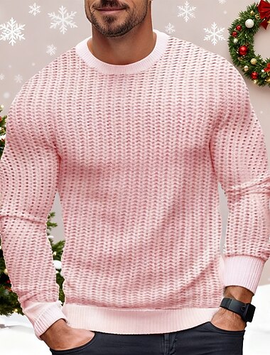  Herr Jultröja Jultröjor Semestertröja Pullover tröja Ribbad Virkad Sticka Vanliga toppar Stickat Slät Rund hals Modernt Modernt Arbete Dagliga kläder Kläder Vinter Vit Rodnande Rosa S M L