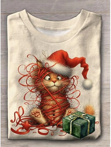  Natale Per donna Maglietta Grafico Animale Albero di Natale Vintage Moda Elegante Manica Lunga Girocollo Top Regolari Quotidiano Weekend Stampato Arancione Verde Bianco sporco Autunno Inverno