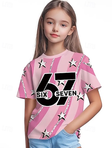  Dla dziewczynek 3D Graficzny Zabawny slang 67 Podkoszulek T-shirt Krótki rękaw Druk 3D Lato Wiosna Sport Moda Moda miejska Dzieci 4-12 lat Półgolf Na zewnątrz Codzienny Regularny