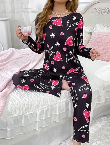  Γυναικεία Πυτζάμες Σαλόνια Σετ Πυτζάμες Καθημερινό Καρδιά Ελαστική μέση Παντελόνι Διακοπές Σπίτι Καθημερινά Μακρυμάνικο Στρογγυλή Ψηλή Λαιμόκοψη Φούξια Φθινόπωρο Χειμώνας Χαλαρή Εφαρμογή