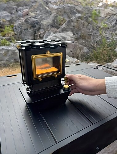  Vintage-Kohleofen, Feuerstelle für den Außenbereich mit Glasscheibe, robuste Metallkonstruktion, kein Stromanschluss erforderlich, für Camping, Grillen im Garten, Tee &Kochen, tragbarer Campingkocher,