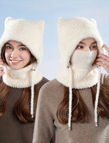  Gola alta feminina de inverno com capuz e orelhas de gato, em fleece macio com fecho ajustável de pressão, lavável à máquina, ideal para esportes e uso casual ao ar livre.