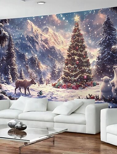  Kersttafereel sneeuwlandschap patroon wandtapijt muurschildering groot wandtapijt muurschildering decoratie fotografie achtergrond doek gordijnen huis slaapkamer woonkamer decoratie