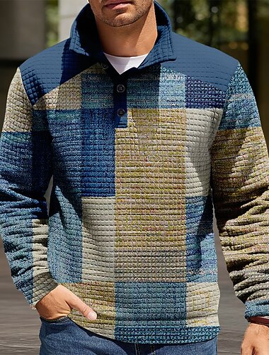  Per uomo Geometrico Plaid Nido d'ape Felpa Quotidiano Classico Casual Collo alla coreana All'aperto Casa Lavoro Regalo Blu Giallo Viola Grigio Bottoni Autunno Inverno progettista S M L XL XXL XXXL