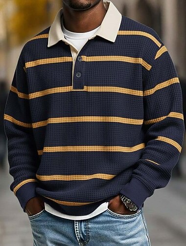  Voor heren Horizontale stroken Wafel Poloshirts Rugbypolo Met Textuur Lange mouw Poloshirt Revers Sportkleding Casual School Sportkleding Alledaagse kleding 3D-afdrukken Lente Herfst Winter blauw
