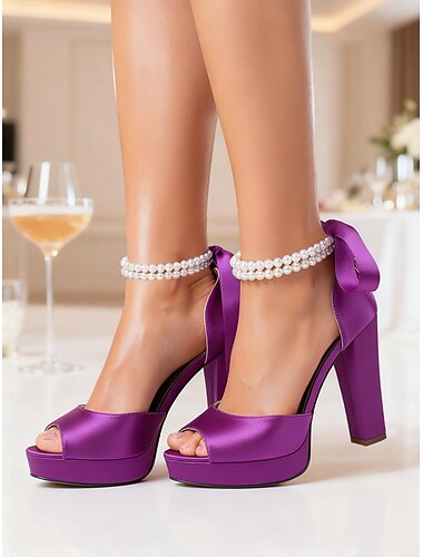  Sandalias de tacón alto con plataforma y tacón alto en satén morado para mujer, con tira de perlas en el tobillo: zapatos de fiesta glamurosos de punta abierta para eventos nocturnos, bodas y