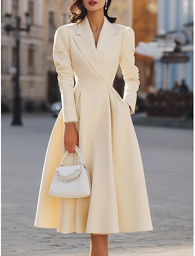  Жен. Платье средней длины Платье-пиджак Платье A-силуэта Платье-футляр Полуформальные платья Офис Стандартный Полотняное плетение Длинный рукав Рубашечный воротник Черный Белый Темно синий Абрикосовый