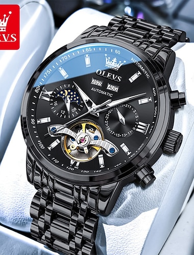  Relógio Mecânico Automático Masculino OLEVS Relógio de Luxo à Prova d'Água Mostrador Esqueletado Caixa de 42mm Relógio Dourado e Azul Presente para homens 6740