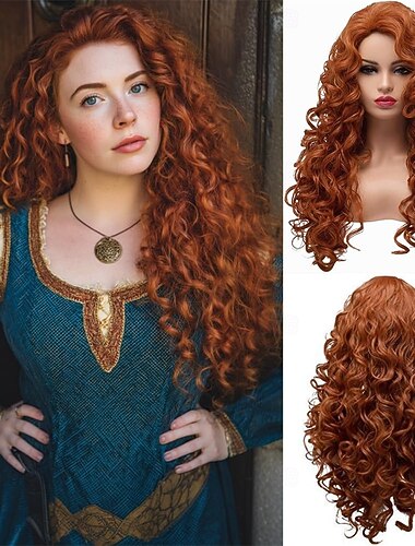  פאה ארוכה ומתולתלת משיער אדום שועל גלית עם ראש מלא אדום נחושת למסיבת פסטיבל קרנבל