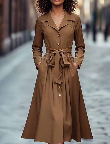  Dámské Midi šaty Košilové šaty Elegantní Moderní Kancelář Denní Jdeme ven Běžný Bez vzoru Dlouhý rukáv Košilový límec Hnědá Jaro Podzim Zima