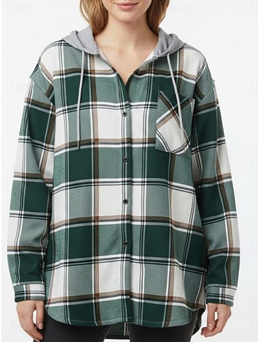  女性用 カジュアルジャケット パーカージャケット 快適 高通気性 ポケット ボタン プリント カジュアル チェック バケーション ストリート カジュアル デイリーウェア シングルブレスト レギュラー フード付き レギュラー 長袖 アウターウェア ダークグリーン ブラウン グリーン 春 秋