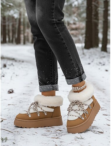  Kamelfarbene Plateau-Schneestiefel für Damen – warme, mit Kunstfell gefütterte Schnürschuhe mit dicker Sohle, bequeme Outdoor-Schuhe für Skiurlaube und Urlaubsoutfits