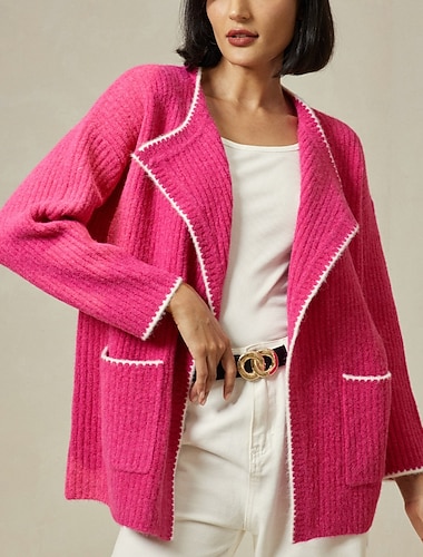  Damen Strickjacke Umlegekragen Gerippt Stricken Wollmischung Farbblock Fallenes Schulterdesign Herbst Winter Alltagstauglich Alltagstauglich Langarm Kontrastfarbe Rosenrot S M L